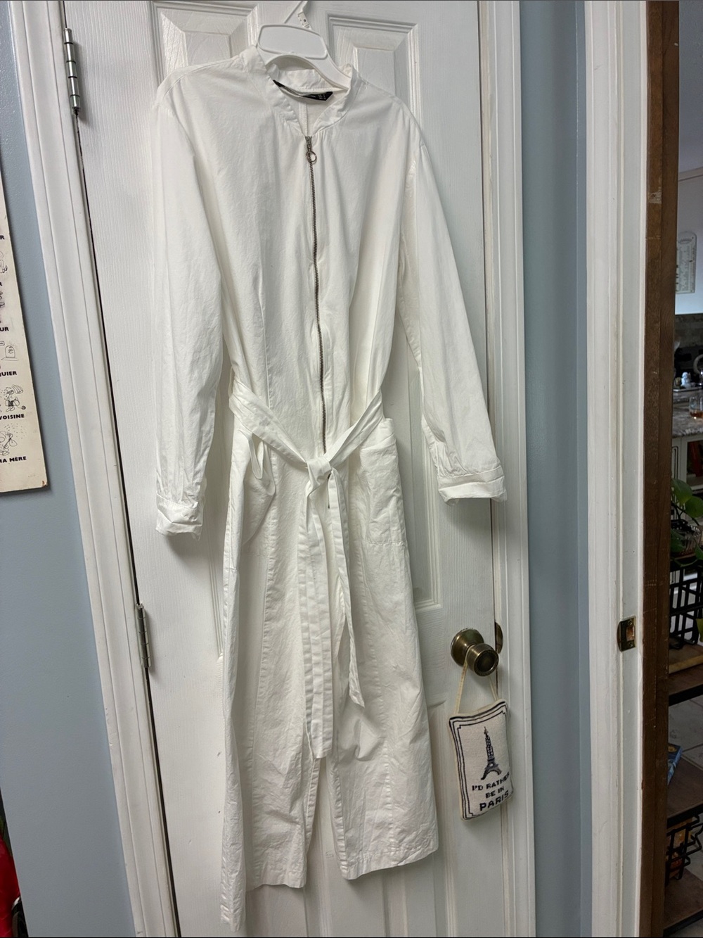 Zara White Long Zip-Front Trench with Tie Waist